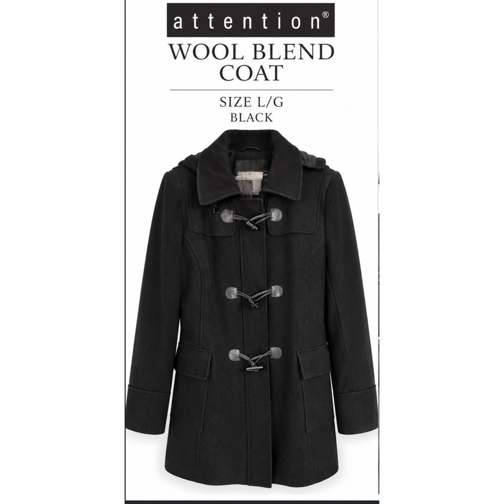 Attention Womens Large Black Wool Blend Hooded Toggle Duffle Coat Removable Hood